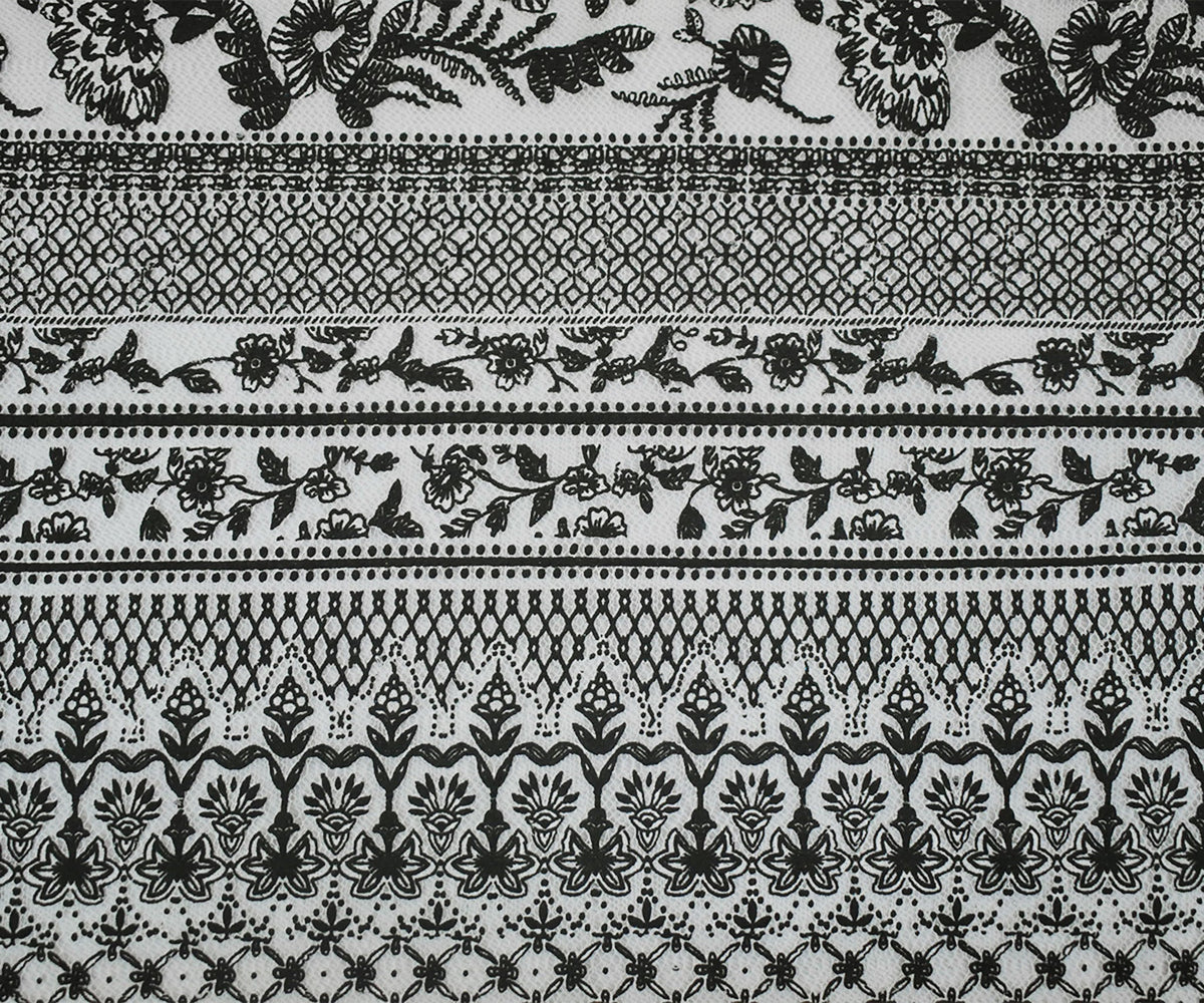 Black-White Cotton Nylon Floral Printed Mesh Fabric