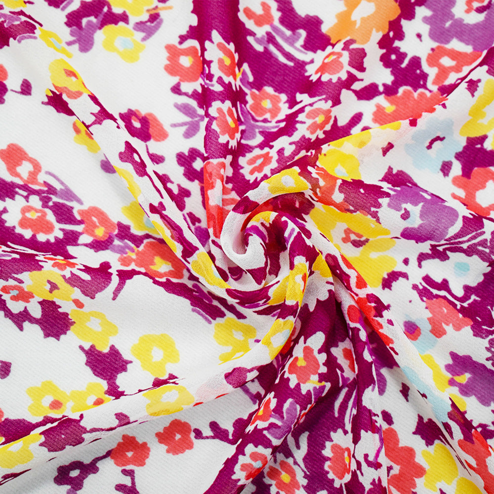 Red-Orange-Multi Poly Floral Printed Chiffon Woven Fabric
