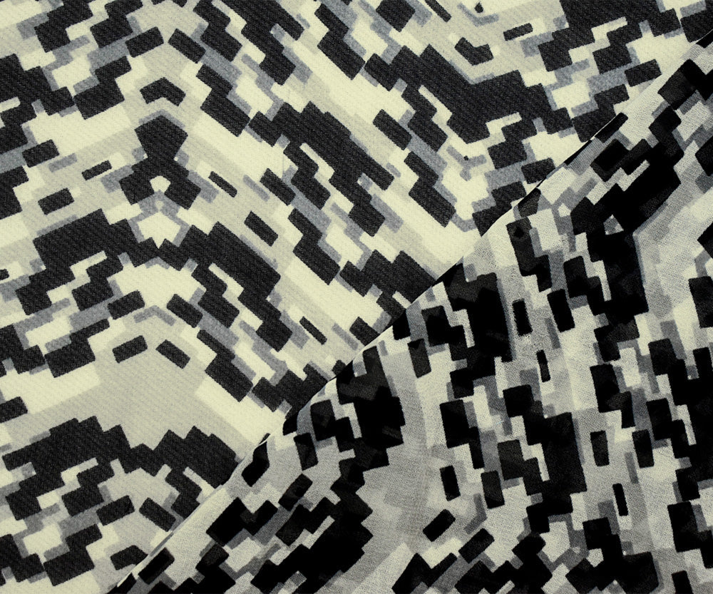 Black-Gray-Ivory Poly Abstract Pixel Chevron Printed Chiffon Woven Fabric