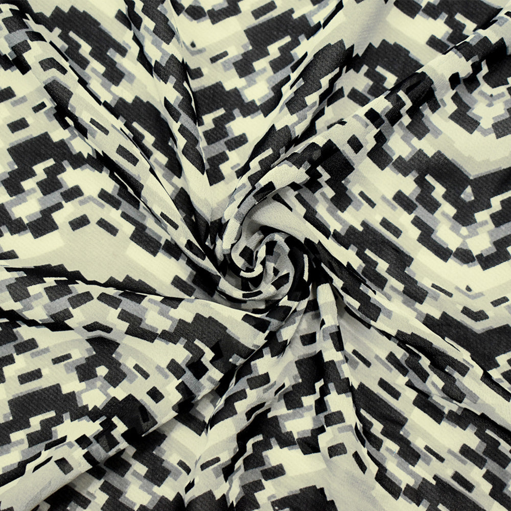 Black-Gray-Ivory Poly Abstract Pixel Chevron Printed Chiffon Woven Fabric