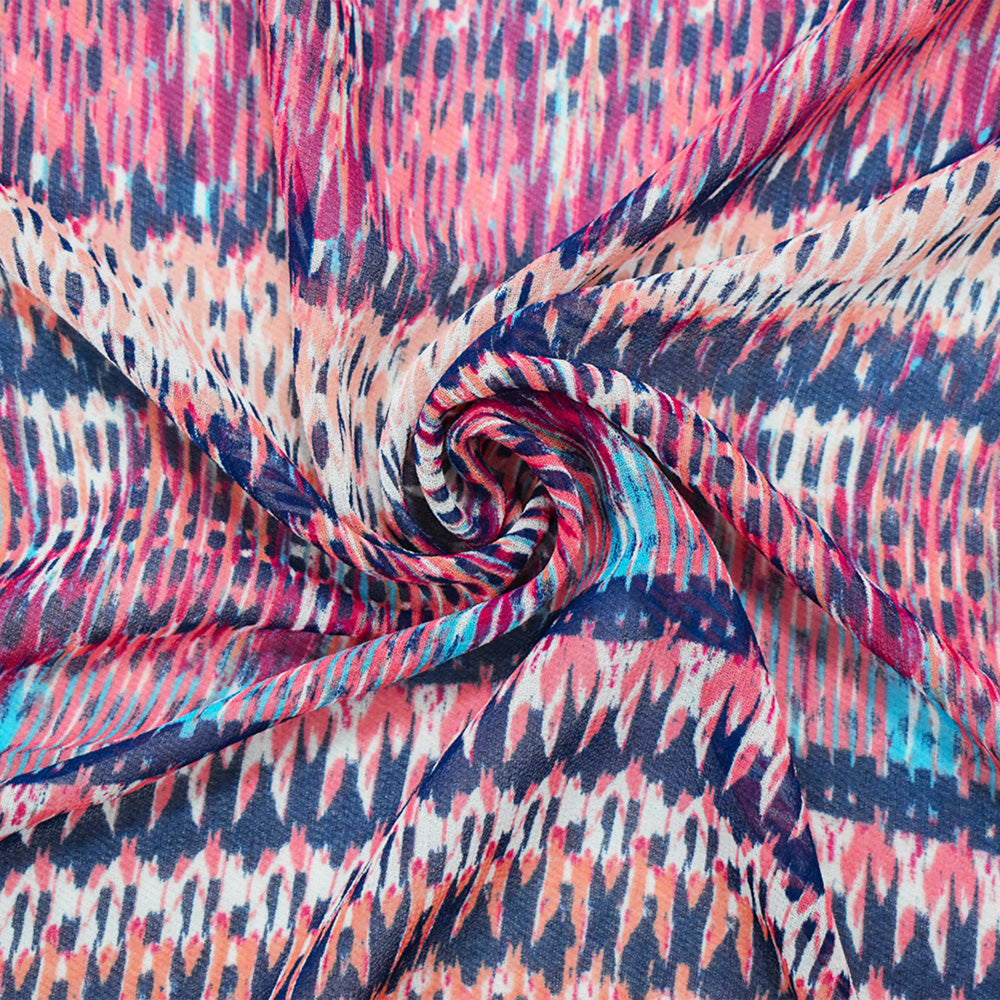 Navy-Coral-Multi Poly Aztec Ikat Printed Chiffon Woven Fabric