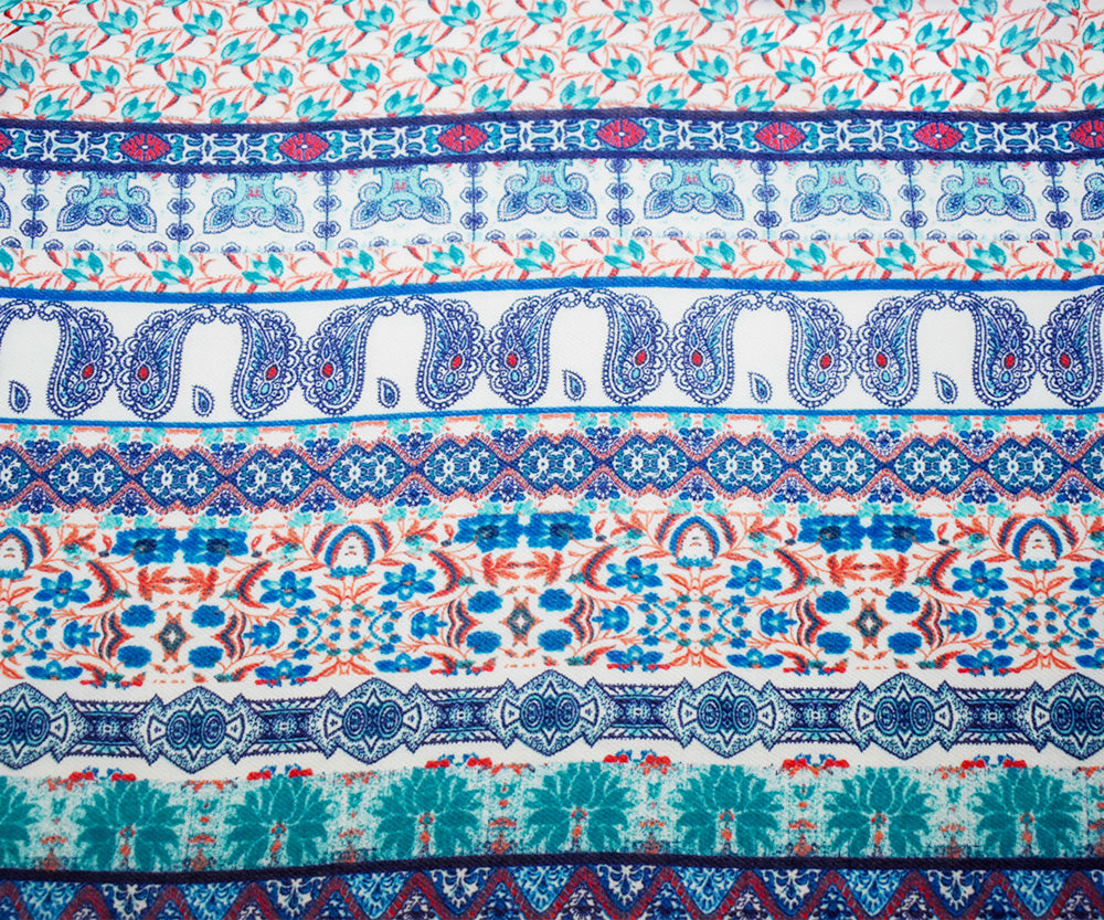 Tuquoise-Orange-Multi Multi Pattern Printed Chiffon Woven Fabric