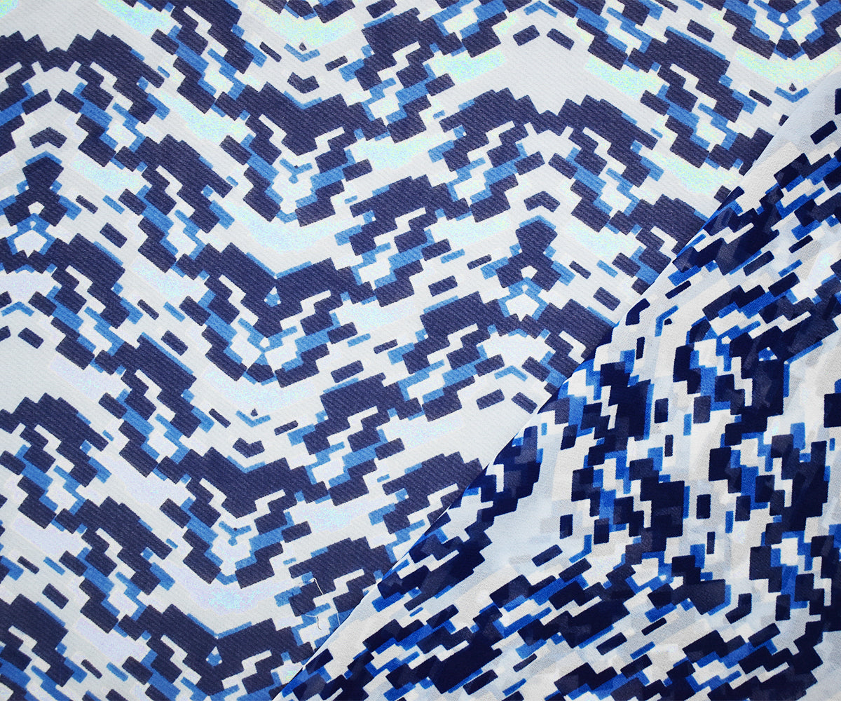 Blue-White Poly Pixel Chevron Printed Chiffon Woven Fabric