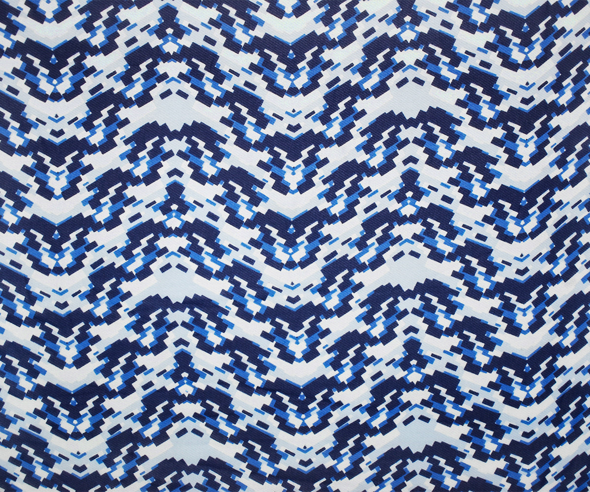 Blue-White Poly Pixel Chevron Printed Chiffon Woven Fabric