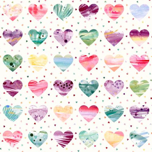 Fleur The Love Quilting Rainbow Watercolor Hearts Polyester 44"/45" Fabric Per Yard