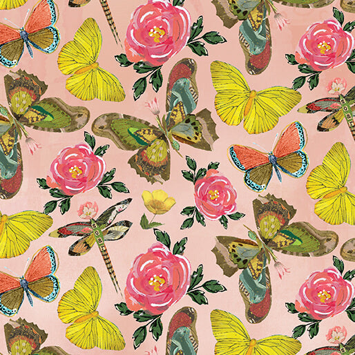 A Heart Led Life Butterfly Toss quilting fabric in pink by Kelly Rae Roberts for Benartex, butterfly print on pink cotton, sold by the yard