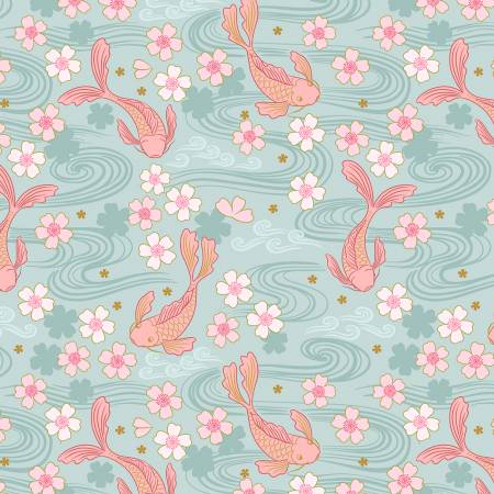 Lewis and Irene Sakura Koi quilting cotton on Eau de Nil with gold metallic
