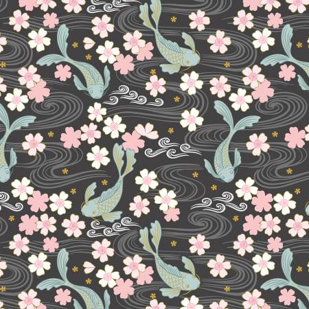 Lewis and Irene Sakura Koi quilting cotton on Charcoal with gold metallic