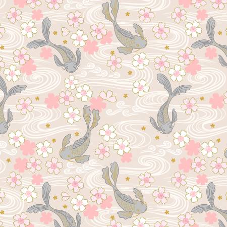 Lewis and Irene Sakura Koi quilting cotton on Warm Neutral with gold metallic