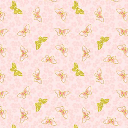 Lewis and Irene Sakura Butterflies quilting cotton on Pink with gold metallic