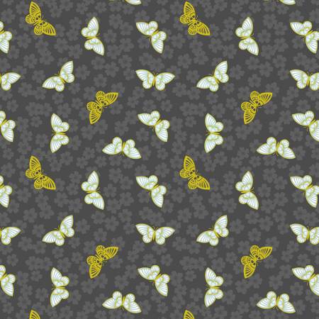 Lewis and Irene Sakura Butterflies quilting cotton on Charcoal with gold metallic