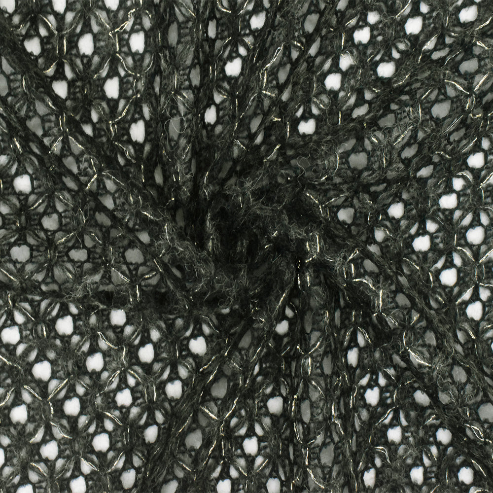 Black-Gold-Gray Diamond Net Wool Blend Crochet Knit Fabric