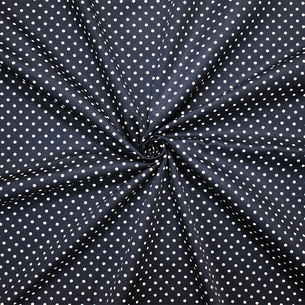 Navy-White Cotton Japanese Polka Dot Printed Twill Sateen Woven Fabric