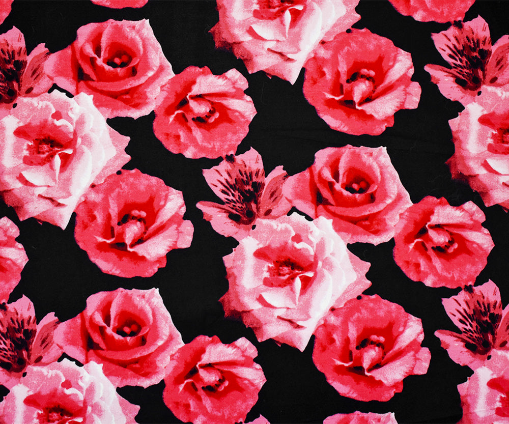 Red-Pink-Black Floral Printed Stretch Spandex Poplin Woven Fabric