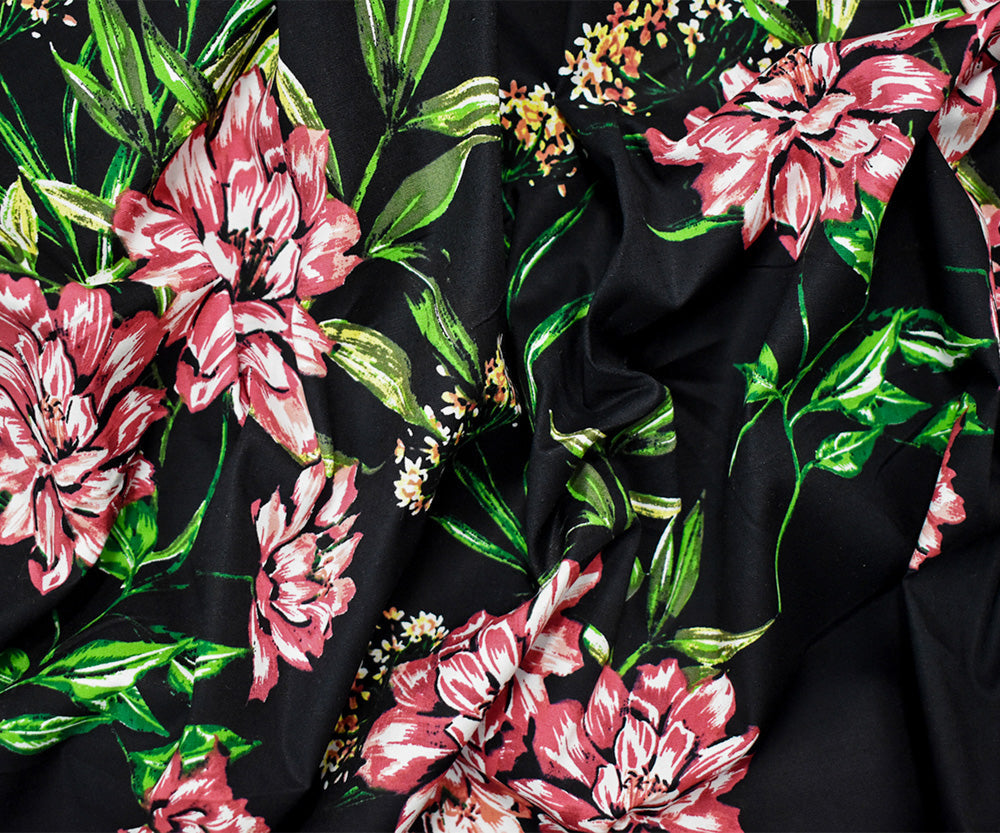 Black-Red-Multi Cotton Floral Printed Stretch Spandex Poplin Woven Fabric