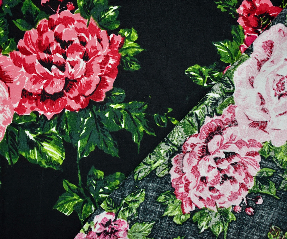 Black-Red-Multi Cotton Floral Printed Stretch Spandex Poplin Woven Fabric