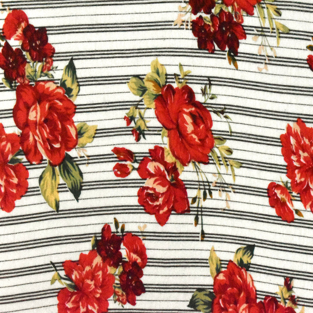 Ivory-Red-Multi Floral And Stripe Printed Rayon Stretch Jersey Knit Fabric