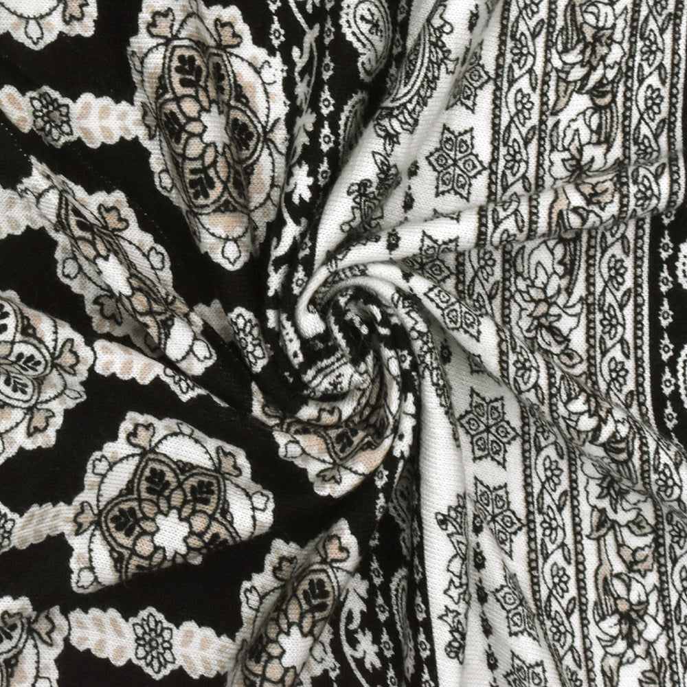 Ivory-Black-Beige Mix Pattern Printed Rayon Stretch Jersey Knit Fabric
