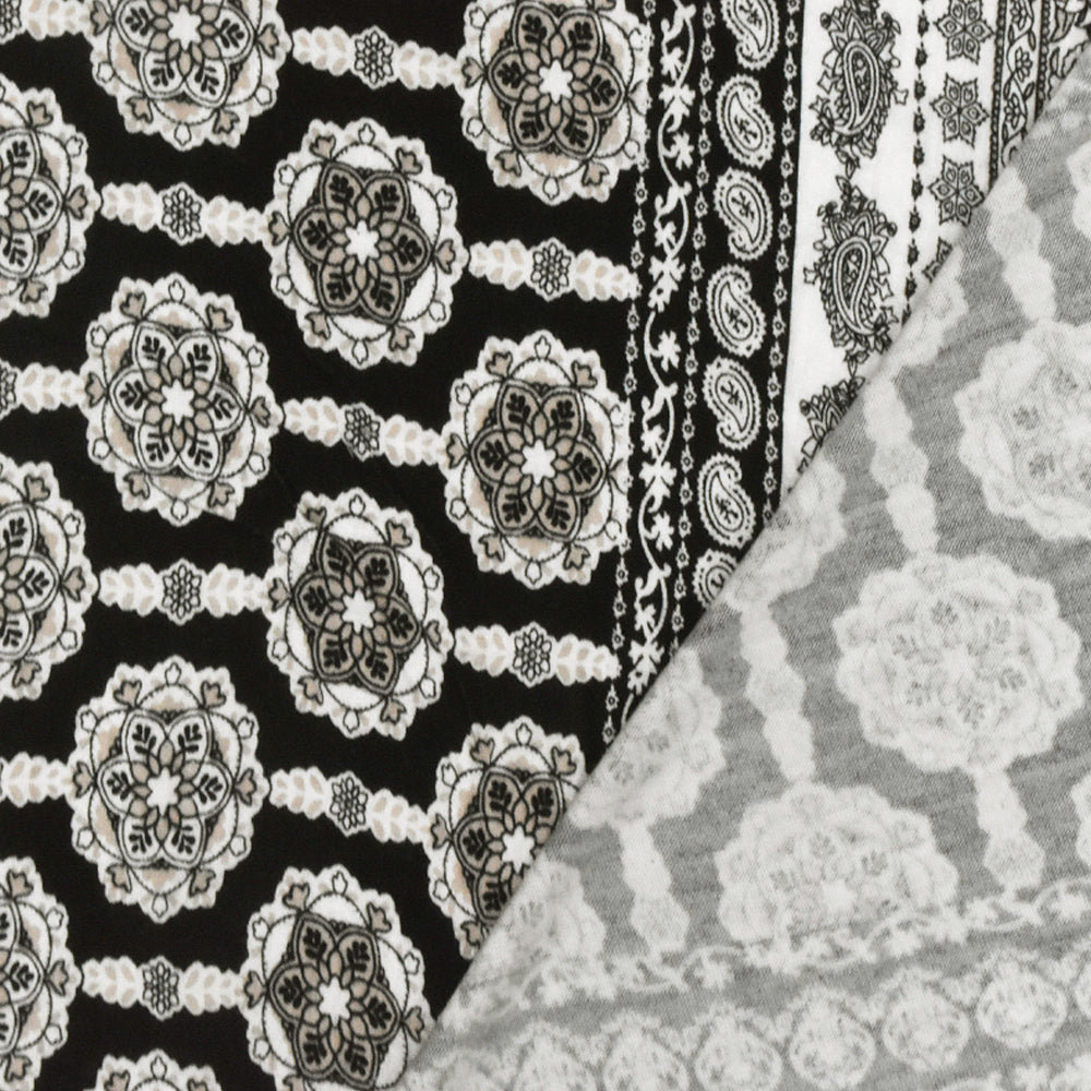 Ivory-Black-Beige Mix Pattern Printed Rayon Stretch Jersey Knit Fabric