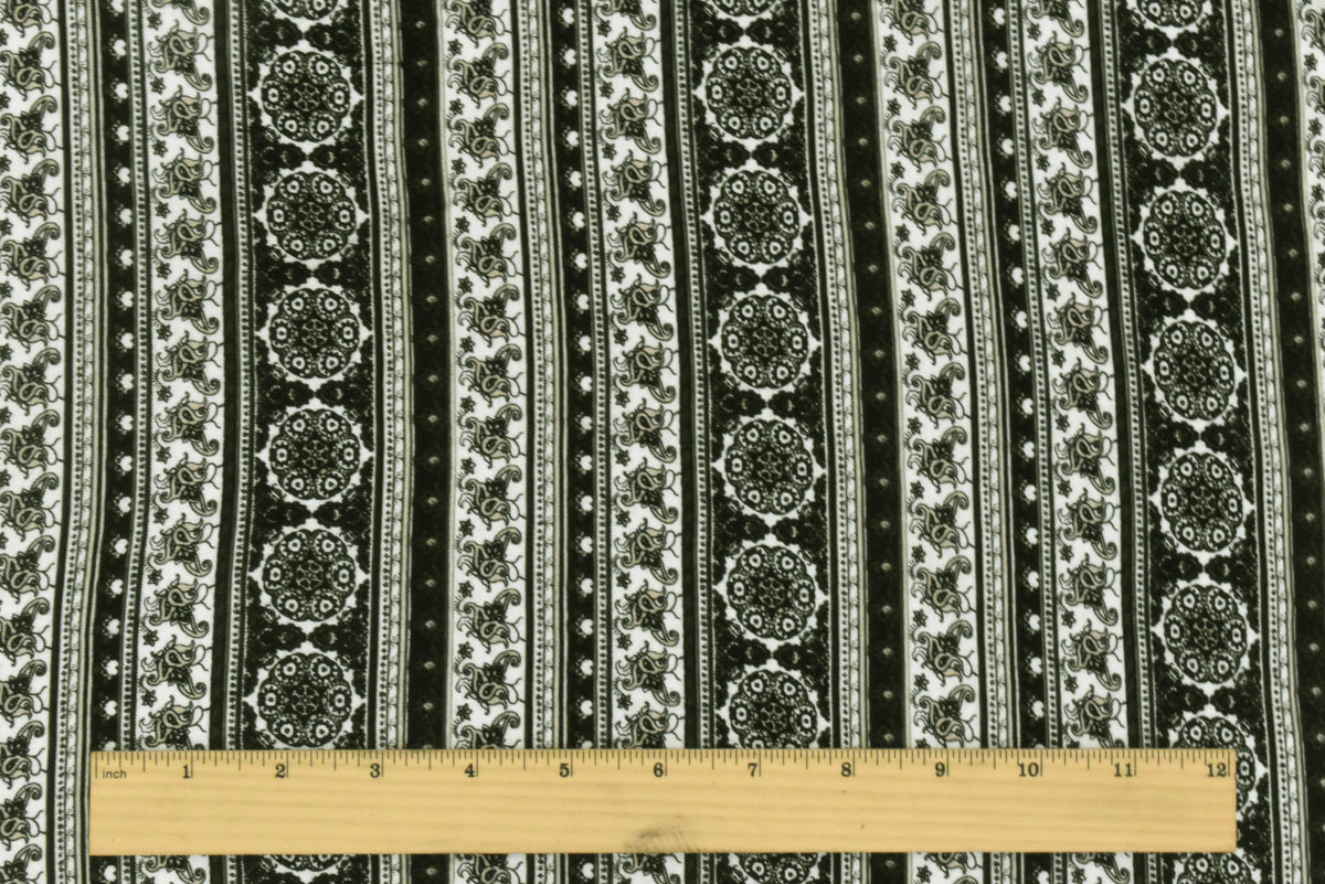 Black-Multi Mixed Pattern Stripe Printed Rayon Stretch Jersey Knit Fabric