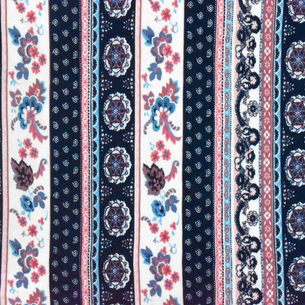 Navy Blue-White-Multi Moroccan Stripe Printed Rayon Stretch Jersey Knit Fabric