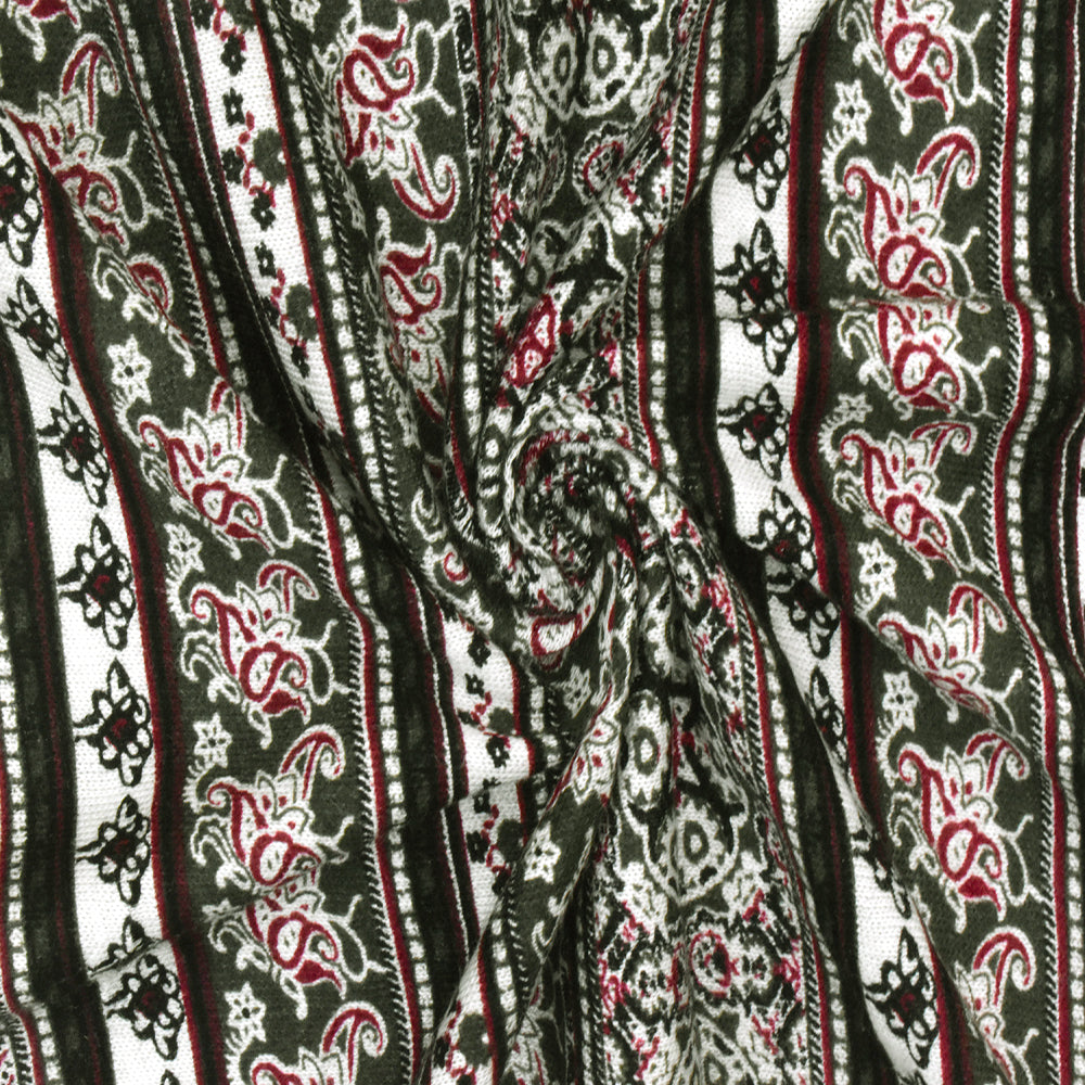 Olive-Multi Mix Pattern Stripe Printed Rayon Stretch Jersey Knit Fabric