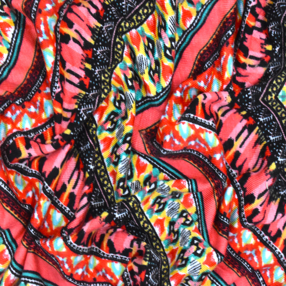 Red-Black-Multi Mix Pattern Chevron Printed Stretch Jersey Knit Fabric