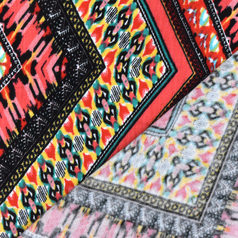 Red-Black-Multi Mix Pattern Chevron Printed Stretch Jersey Knit Fabric