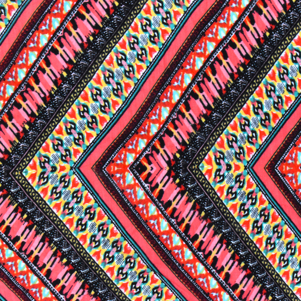 Red-Black-Multi Mix Pattern Chevron Printed Stretch Jersey Knit Fabric