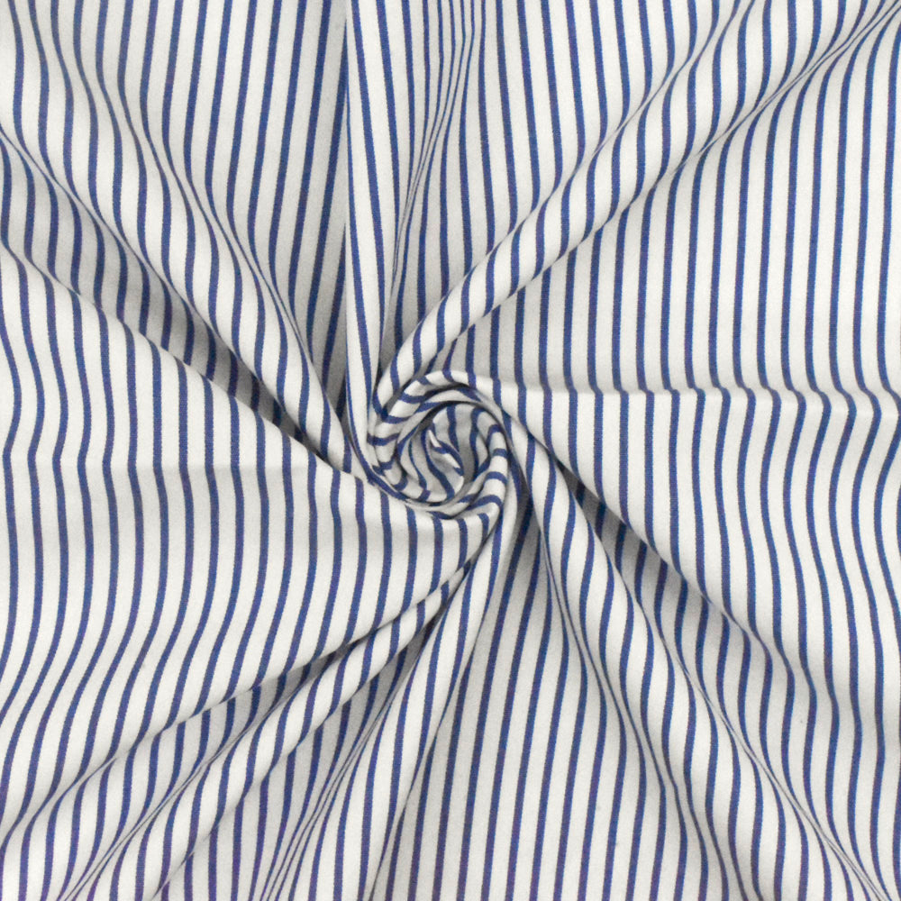 Ultramarine Blue-White Stripe Polyester Shirting Woven Fabric