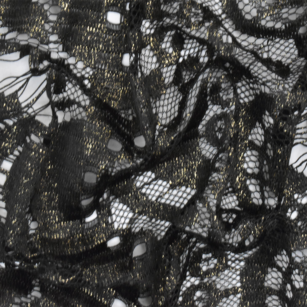 Onyx Black-Gold Printed Texture Fancy Scallop Lace Knit Fabric