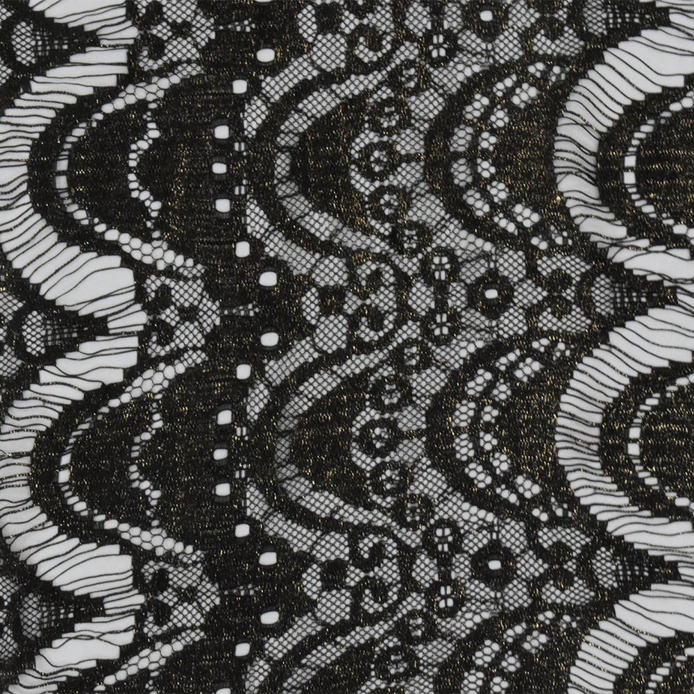 Onyx Black-Gold Printed Texture Fancy Scallop Lace Knit Fabric