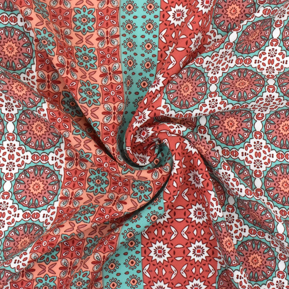 Carol Pink-Teal-Multi Moroccan Printed Polyester Georgette Woven Fabric