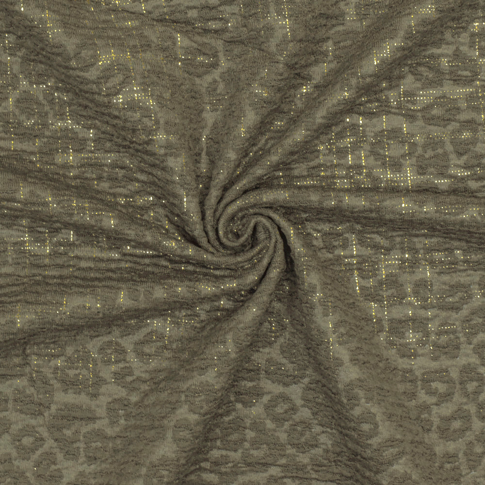 Ash Olive-Gold Crinkle Leopard Metallic Plaid Stretch Double Knit Fabric