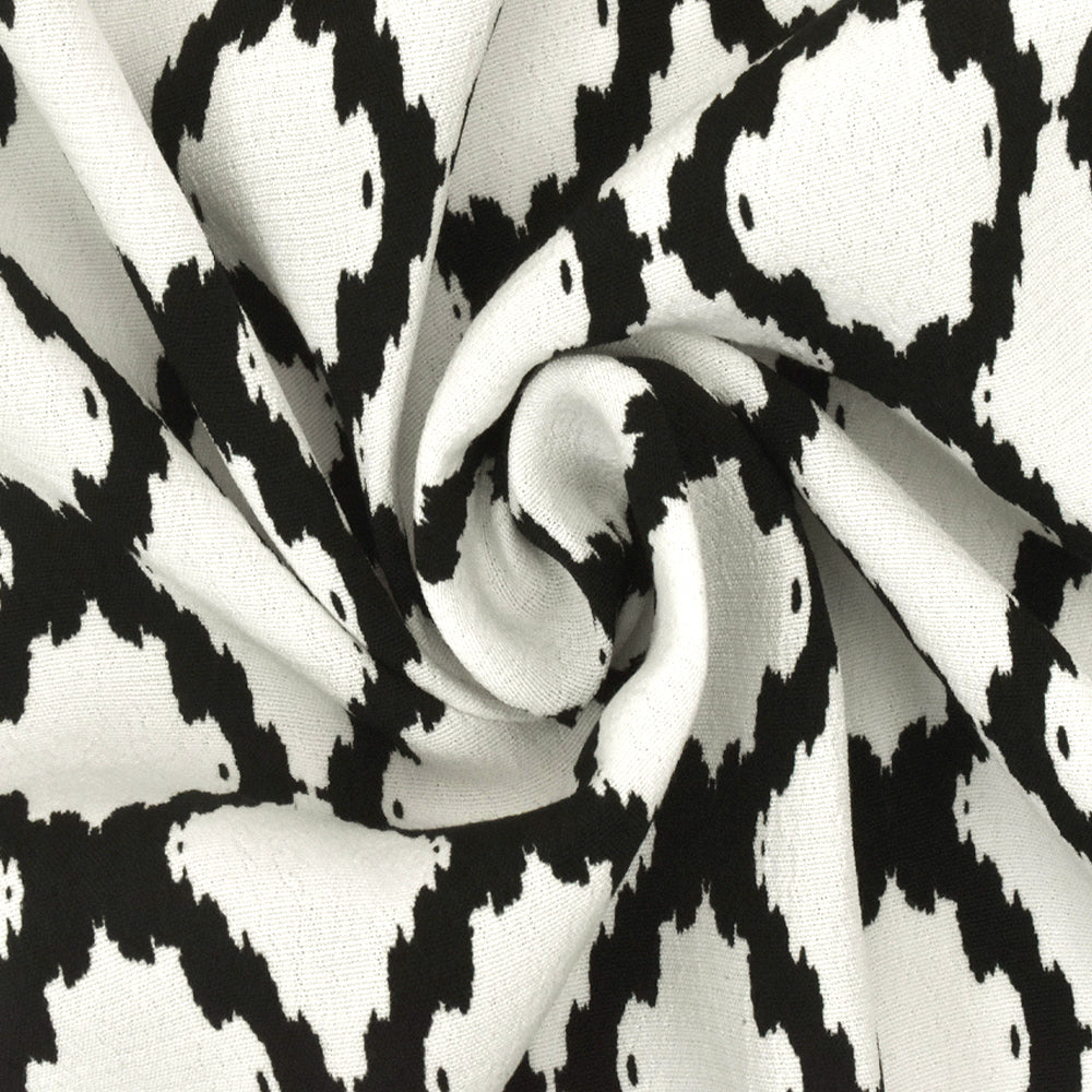 Black-White Famous Designer Ikat Ogee Printed Cotton Crepe Faille Fabric