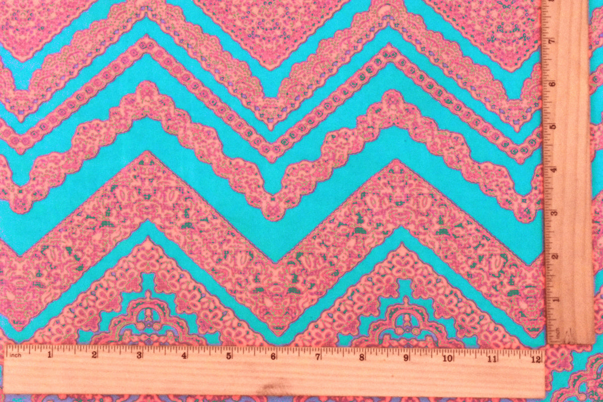 Aqua Teal-Neon Coral Lace Chevron Printed Double Brushed ITY Knit Fabric