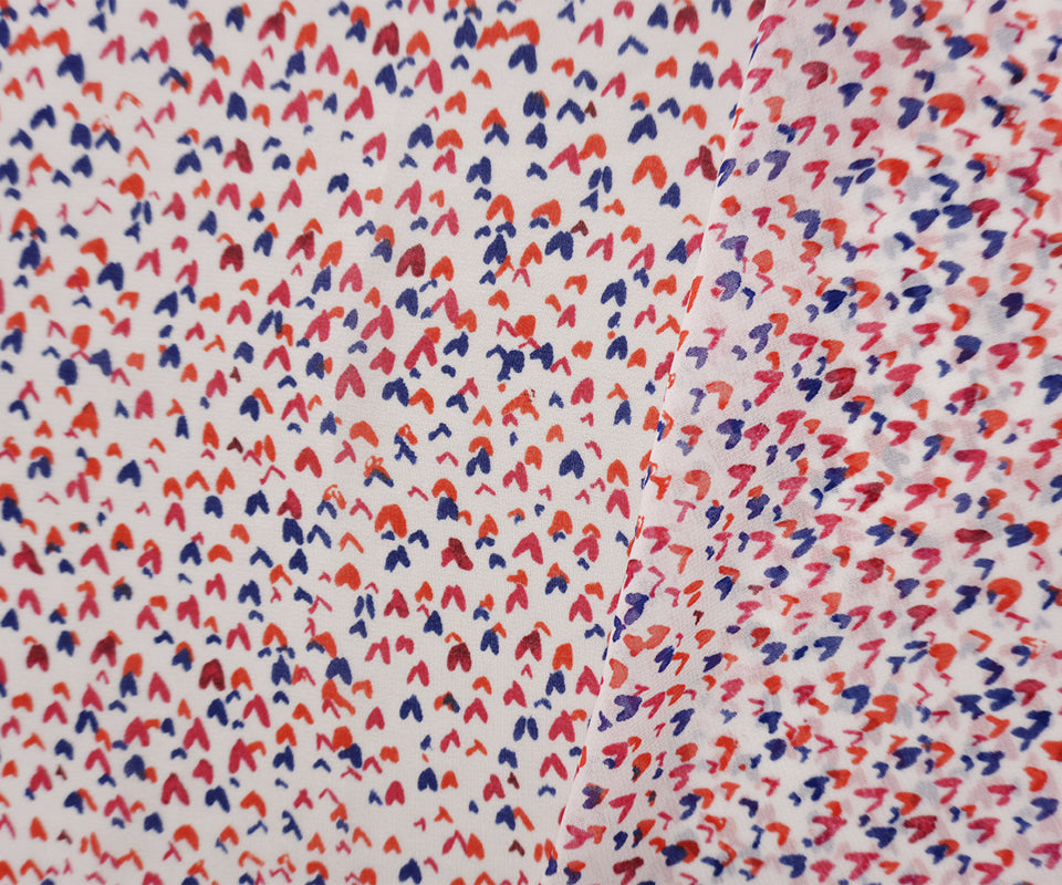 White-Red-Multi Poly Heart Printed Chiffon Woven Fabric