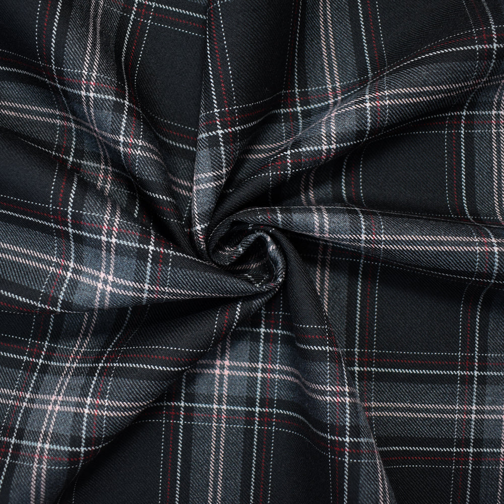 Black-Pink-Multi Poly Wool Plaid Twill Woven Suiting Fabric