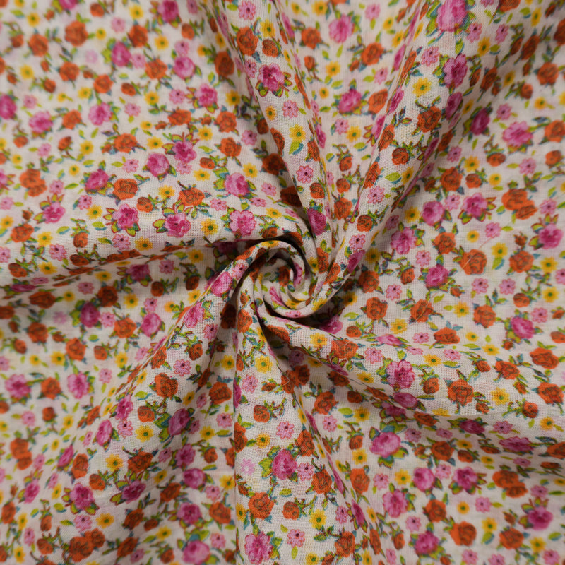 White-Pink-Multi Cotton Ditsy Floral Printed Voile Woven Fabric