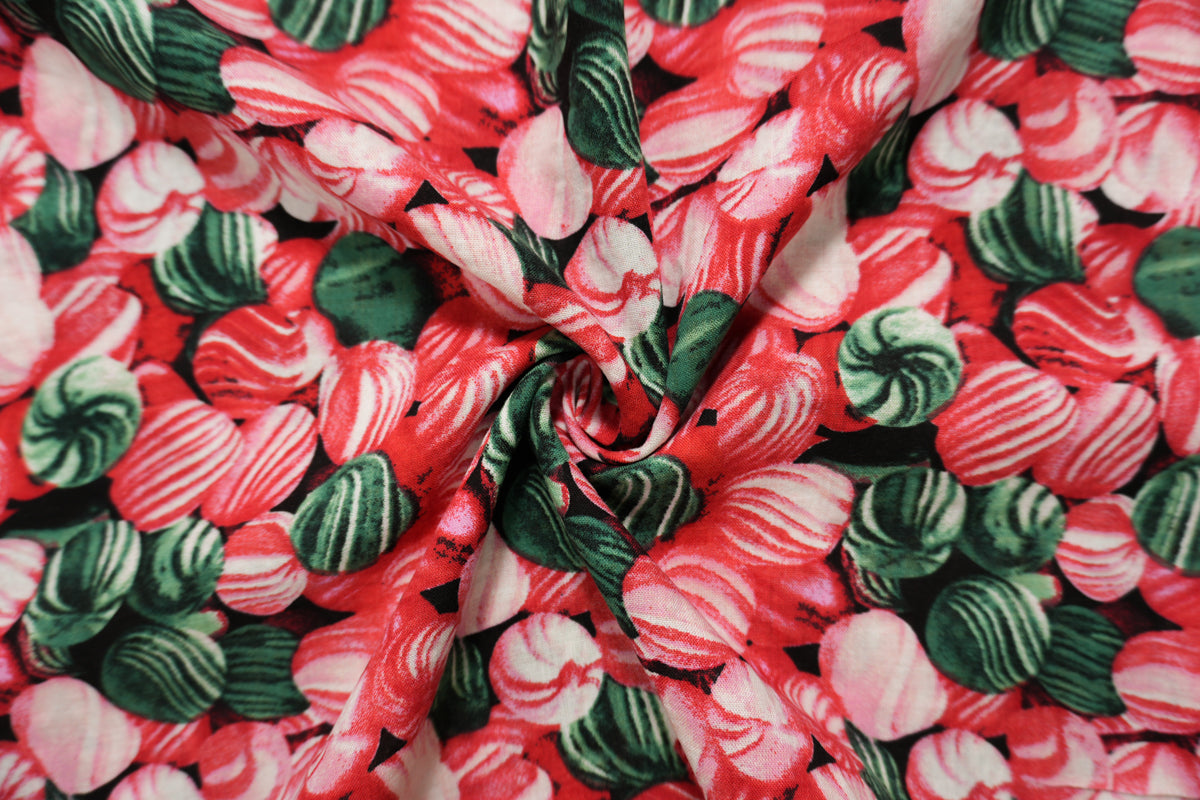Red-Green-Multi Cotton Abstract Printed Voile Woven Fabric