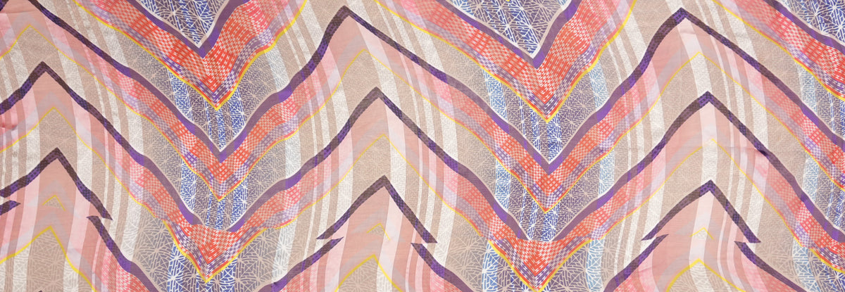 Red-Multi Silk Abstract Chevron Print Chiffon Satin Woven Fabric