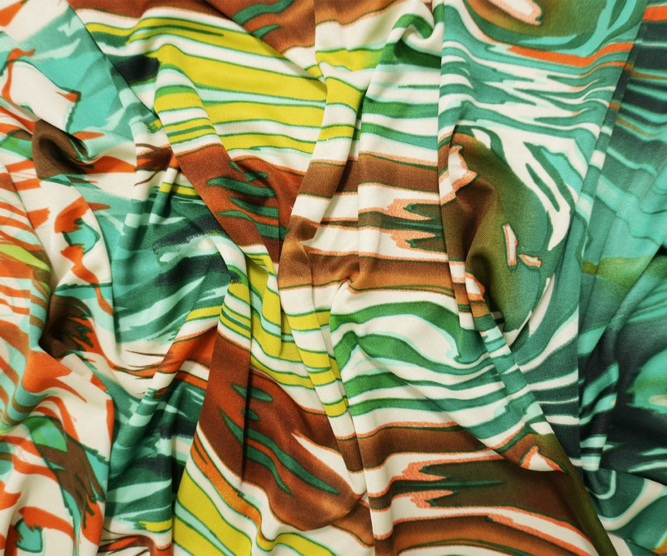 Green Silk Abstract Printed Interlock Knit Fabric