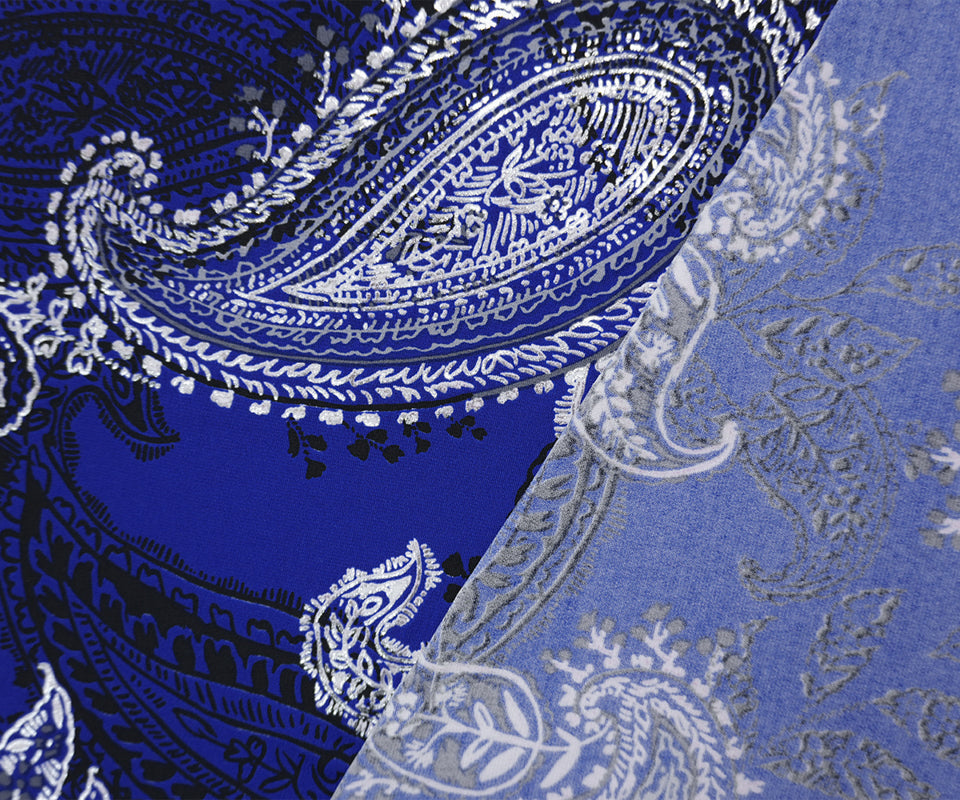 Blue-Silver Poly Blend Paisley Border ITY Knit Famous Designer Fabric