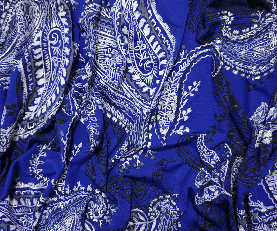 Blue-Silver Poly Blend Paisley Border ITY Knit Famous Designer Fabric