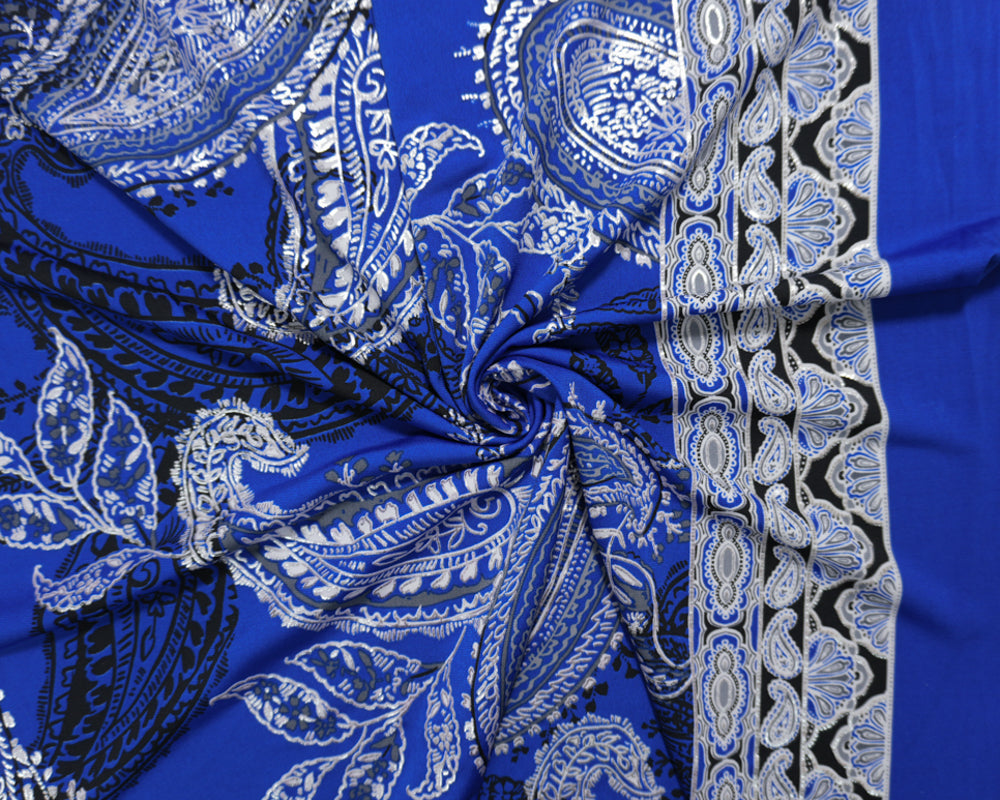 Blue-Silver Poly Blend Paisley Border ITY Knit Famous Designer Fabric