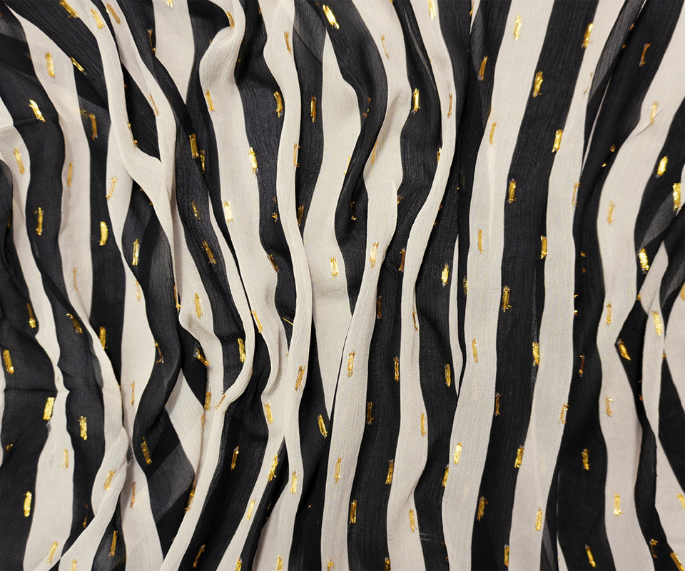 Black-Gold Viscose Metallic Stripe Chiffon Famous Designer Fabric