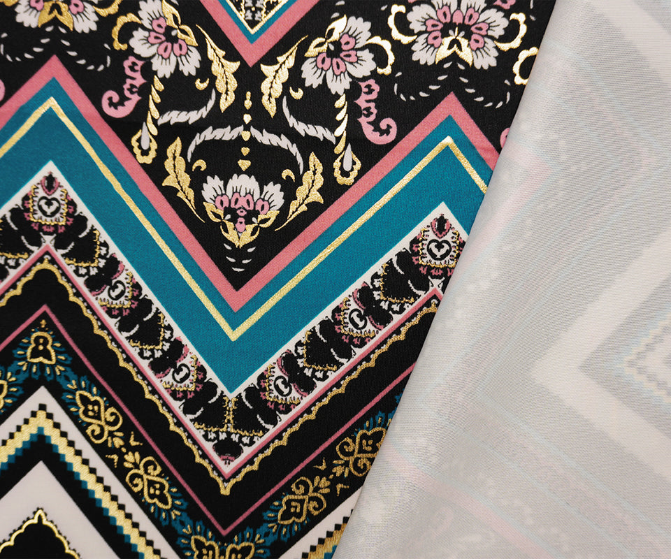 Black-Teal Poly Blend Floral Chevron Scuba Knit Fabric