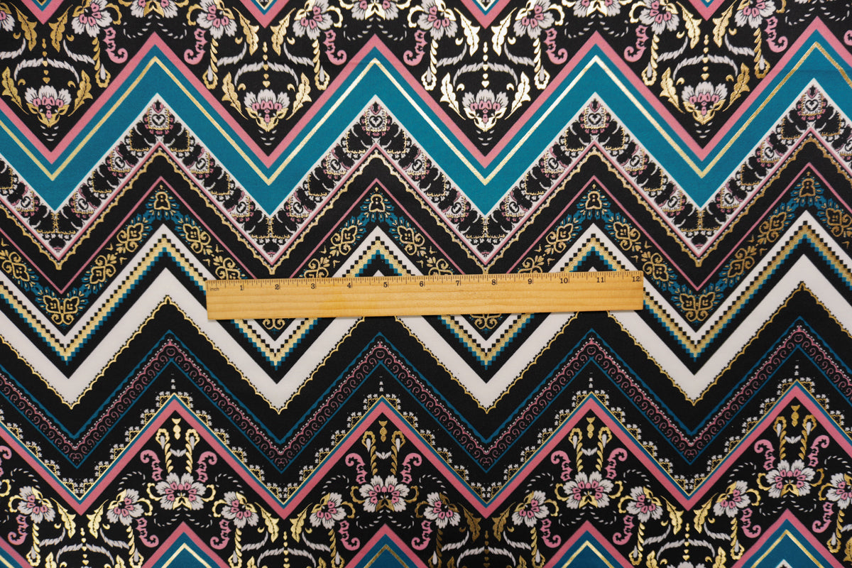 Black-Teal Poly Blend Floral Chevron Scuba Knit Fabric