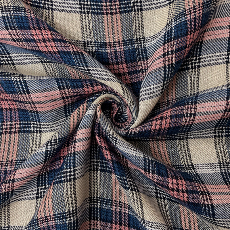 Blue-Pink-Multi Poly Viscose Cotton Check Twill Woven Fabric