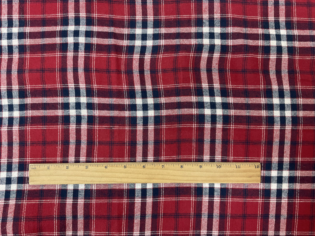 Red-Navy-White Cotton Plaid Flannel Twill Woven Fabric
